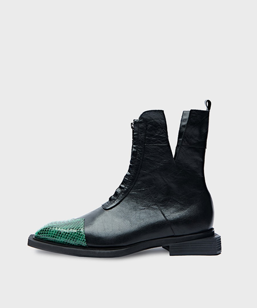 Negativethree네거티브쓰리 Sharped Square Toe Zip-up Boots BLACK GREEN