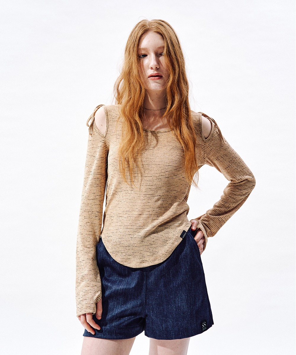 SOMSOC솜속 ELLE CUT OUT STRING KNIT TOP_BEIGE