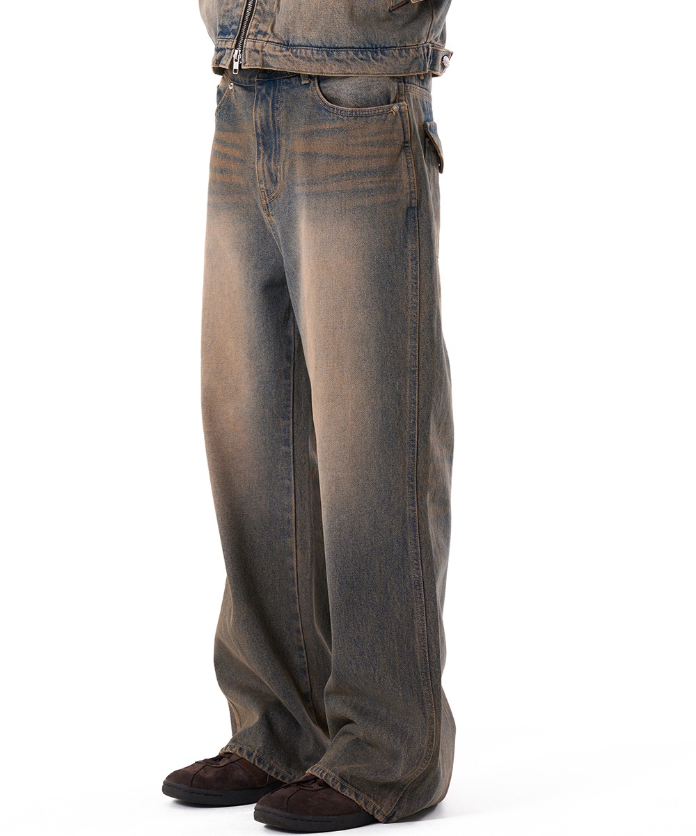 AAKAM아캄 Washed Western Pocket Denim Pants (Sand Blue)
