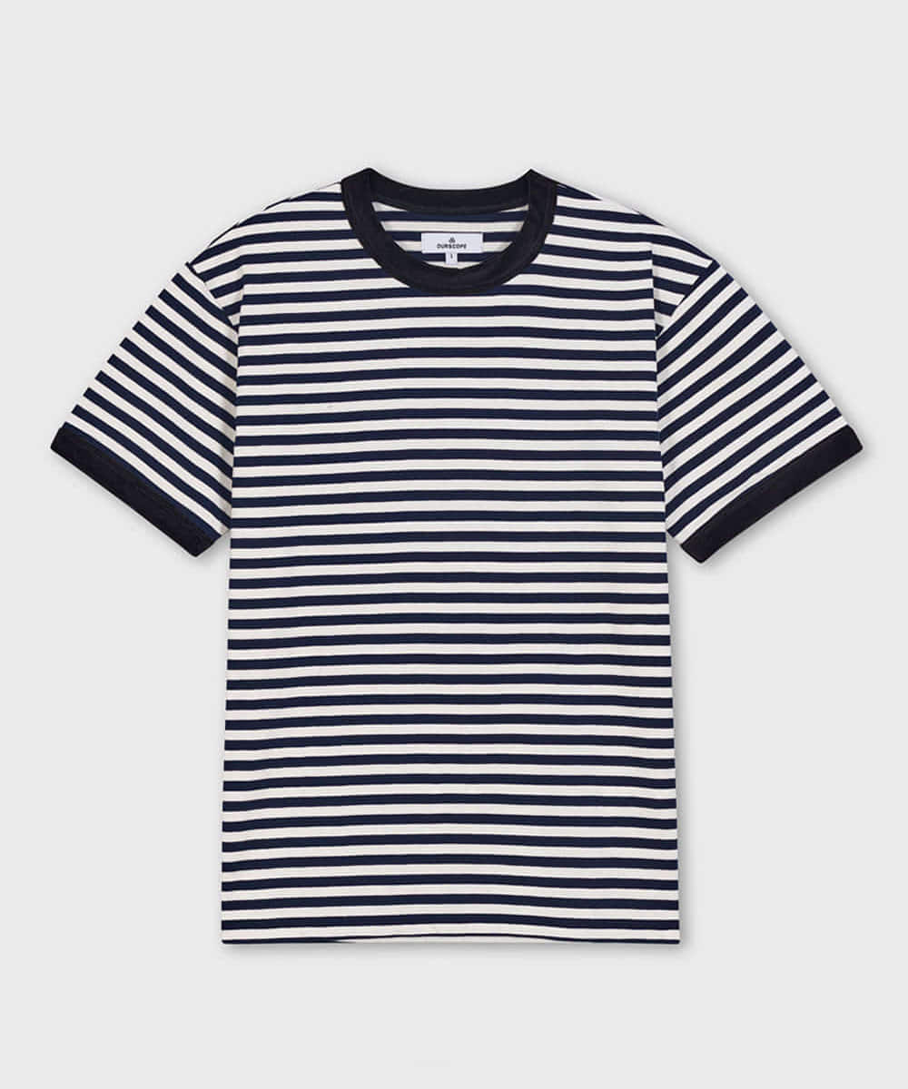 OURSCOPE아워스코프 Velour Rib Stripe T-Shirts Black (Stripe Navy)