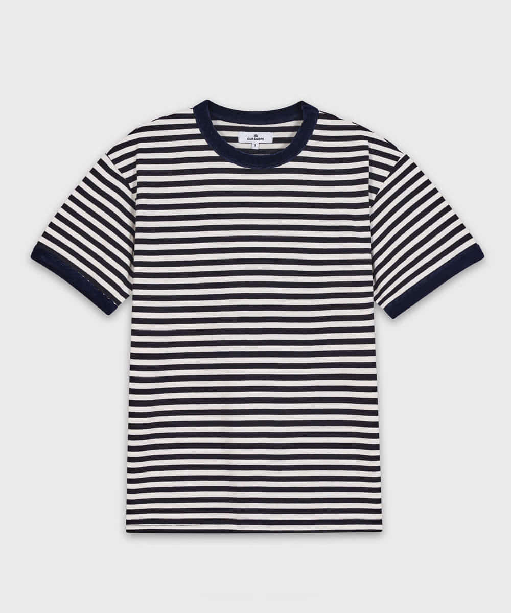 OURSCOPE아워스코프 Velour Rib Stripe T-Shirts Navy (Stripe Black)