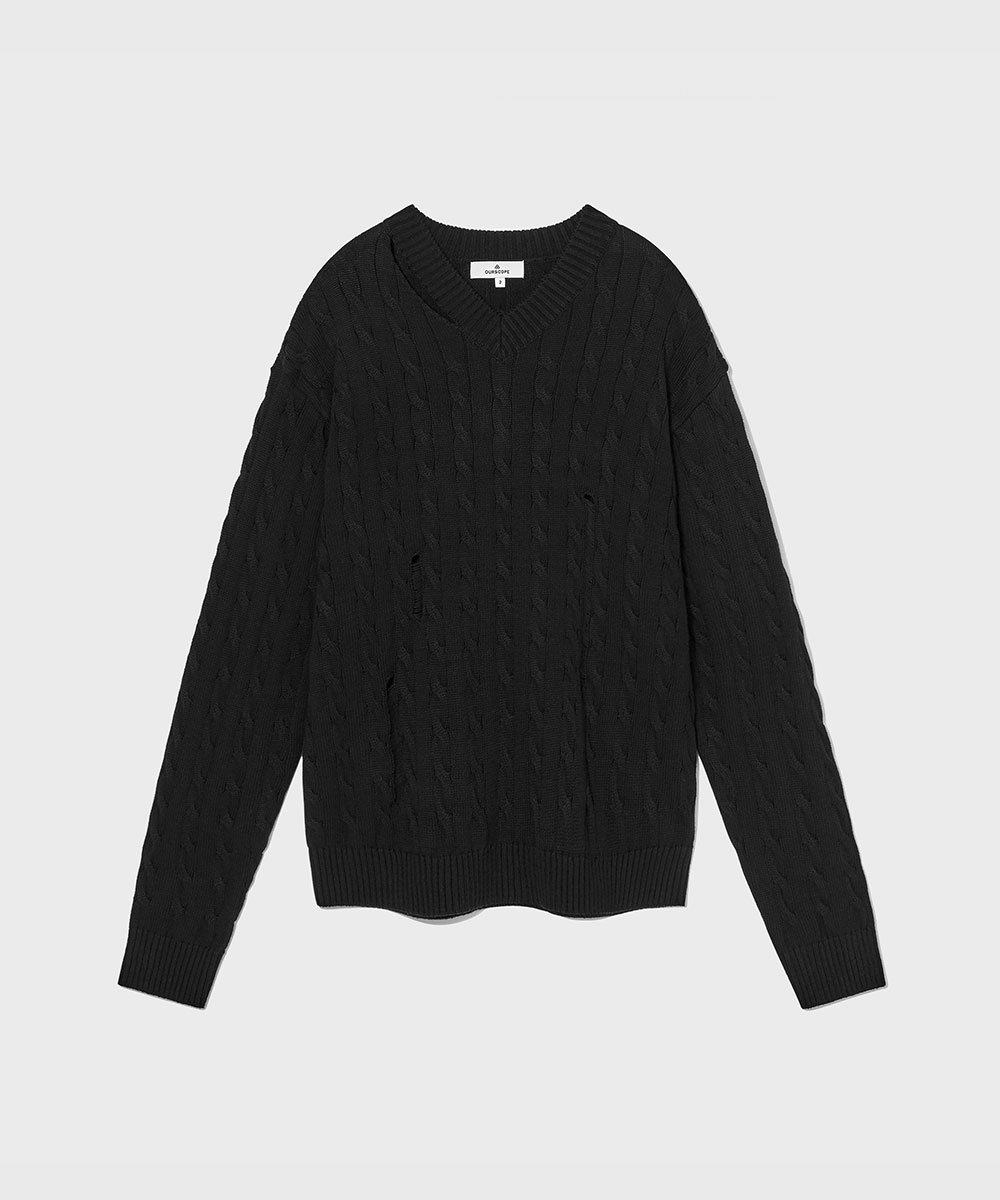 OURSCOPE아워스코프 Cut-out V Neck Cable Knit (Black)