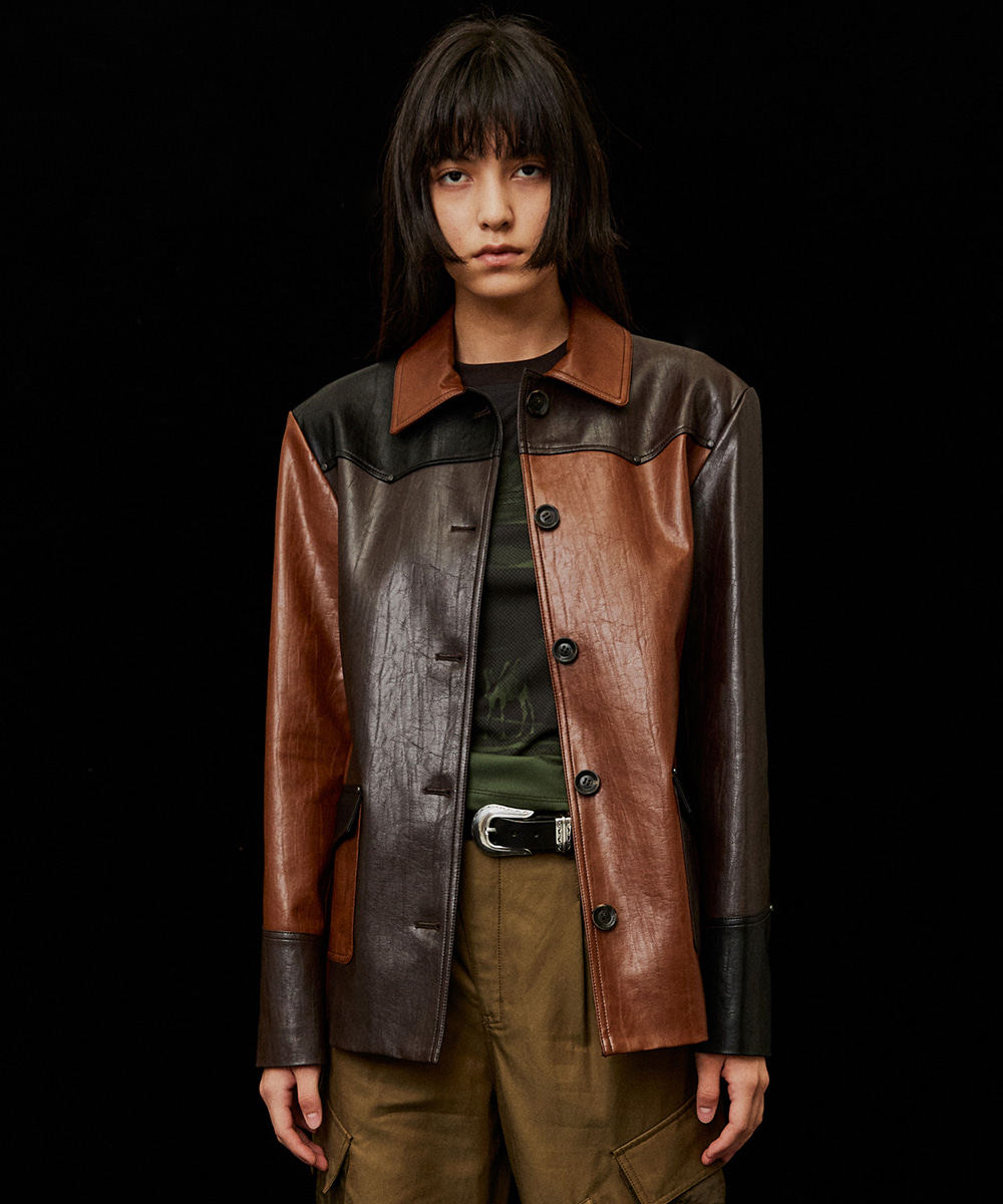DEBBY UPPER데비어퍼 WES CONTRAST  FAUX LEATHER JACKET_BROWN MULTI