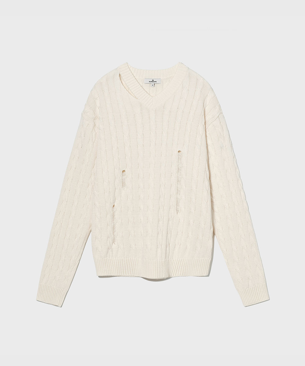 OURSCOPE아워스코프 Cut-out V Neck Cable Knit (Natural Cream)