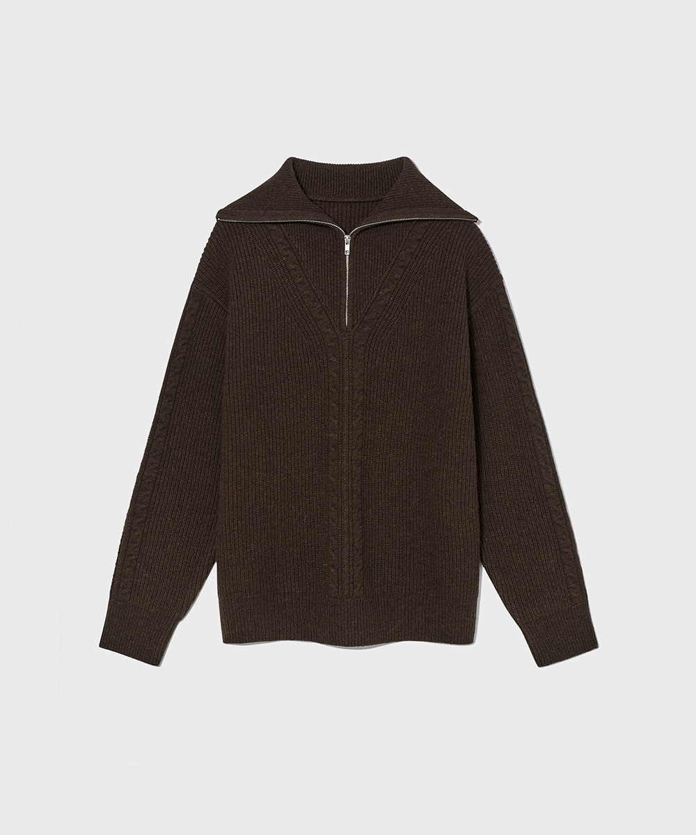 OURSCOPE아워스코프 Lambswool Cable Half Zip-up Knit (Dark Brown)