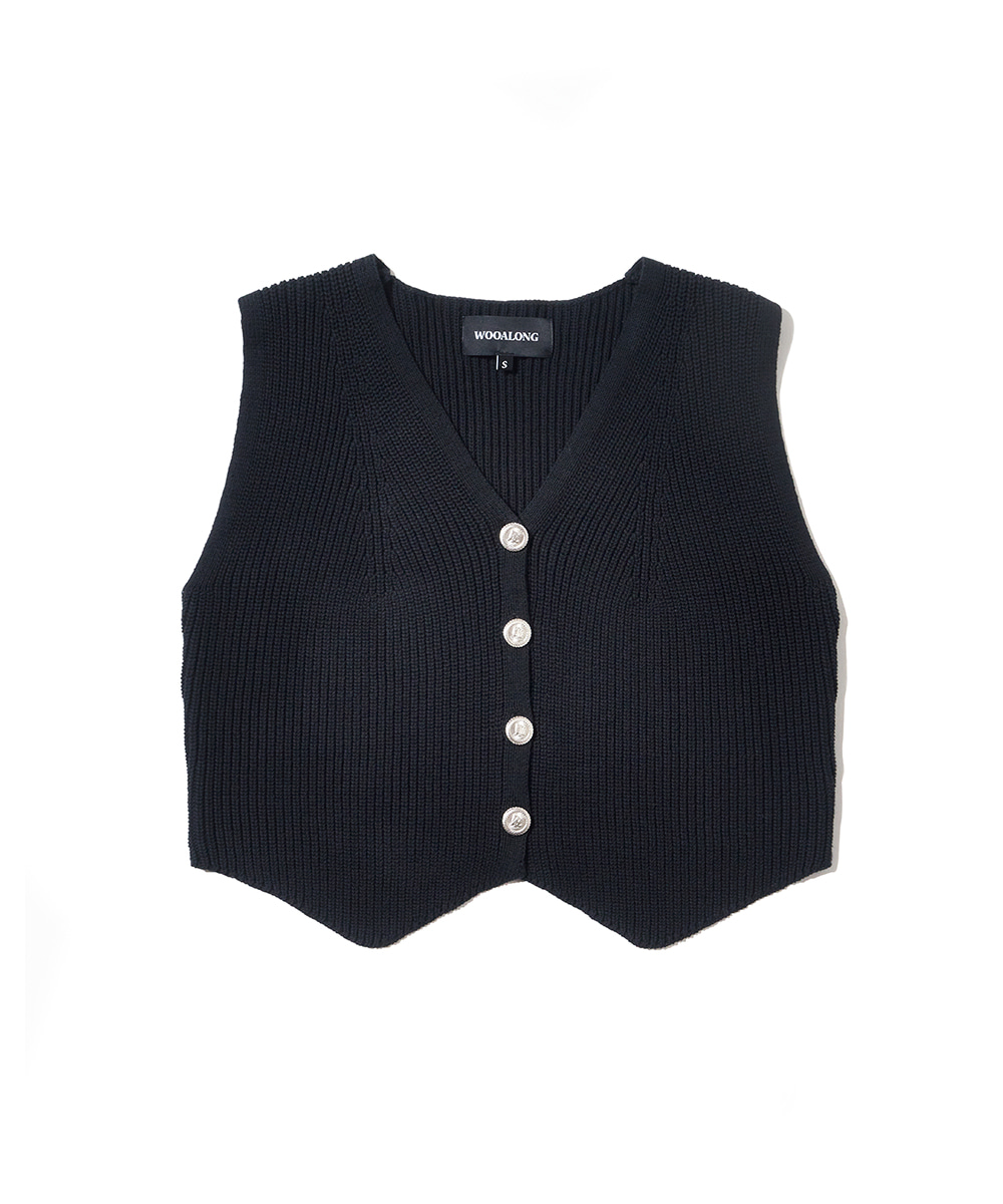 WOOALONG우알롱 Signature button V-neck knit vest - BLACK