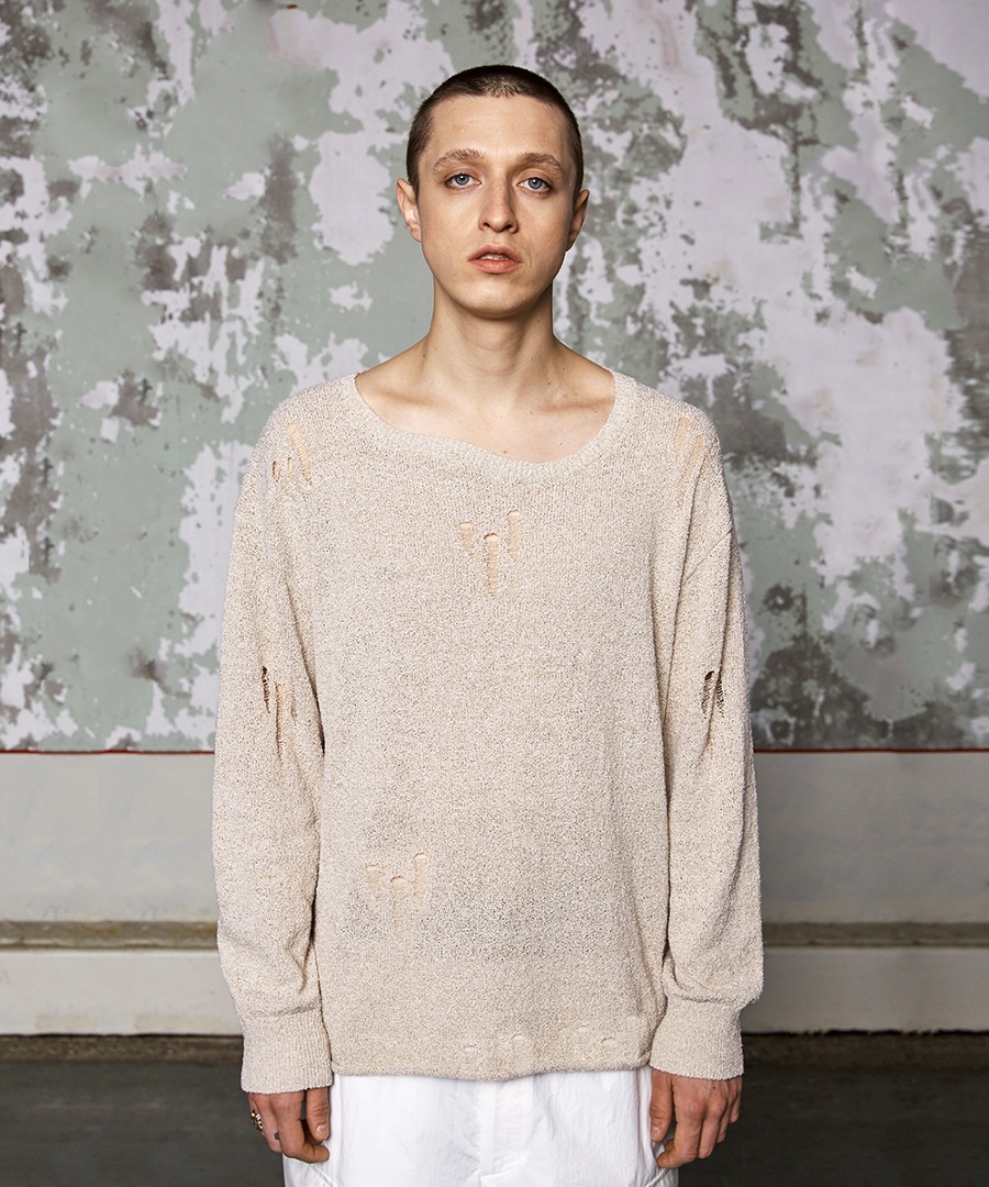 WOOALONG우알롱 Mesh curved neck knit long sleeve - BEIGE