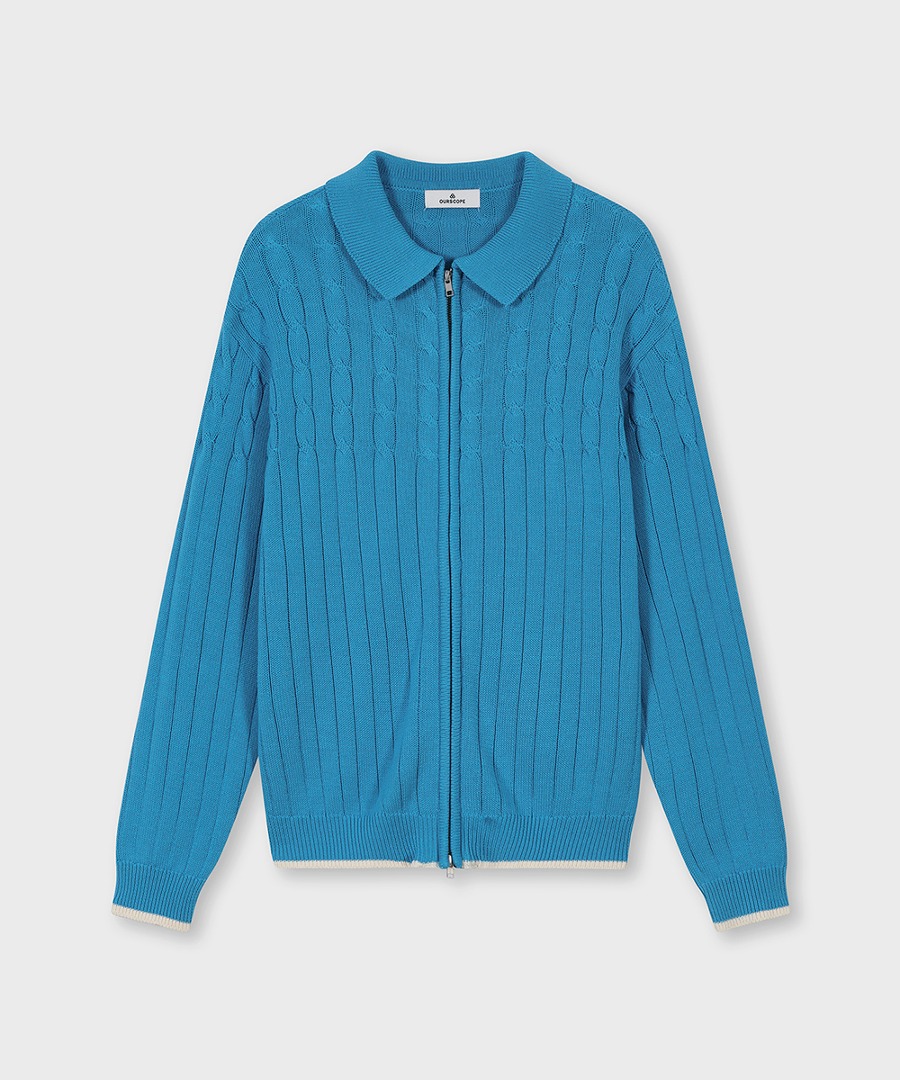 OURSCOPE아워스코프 Cano Cable Zip-up Knit (Turkiye Blue)