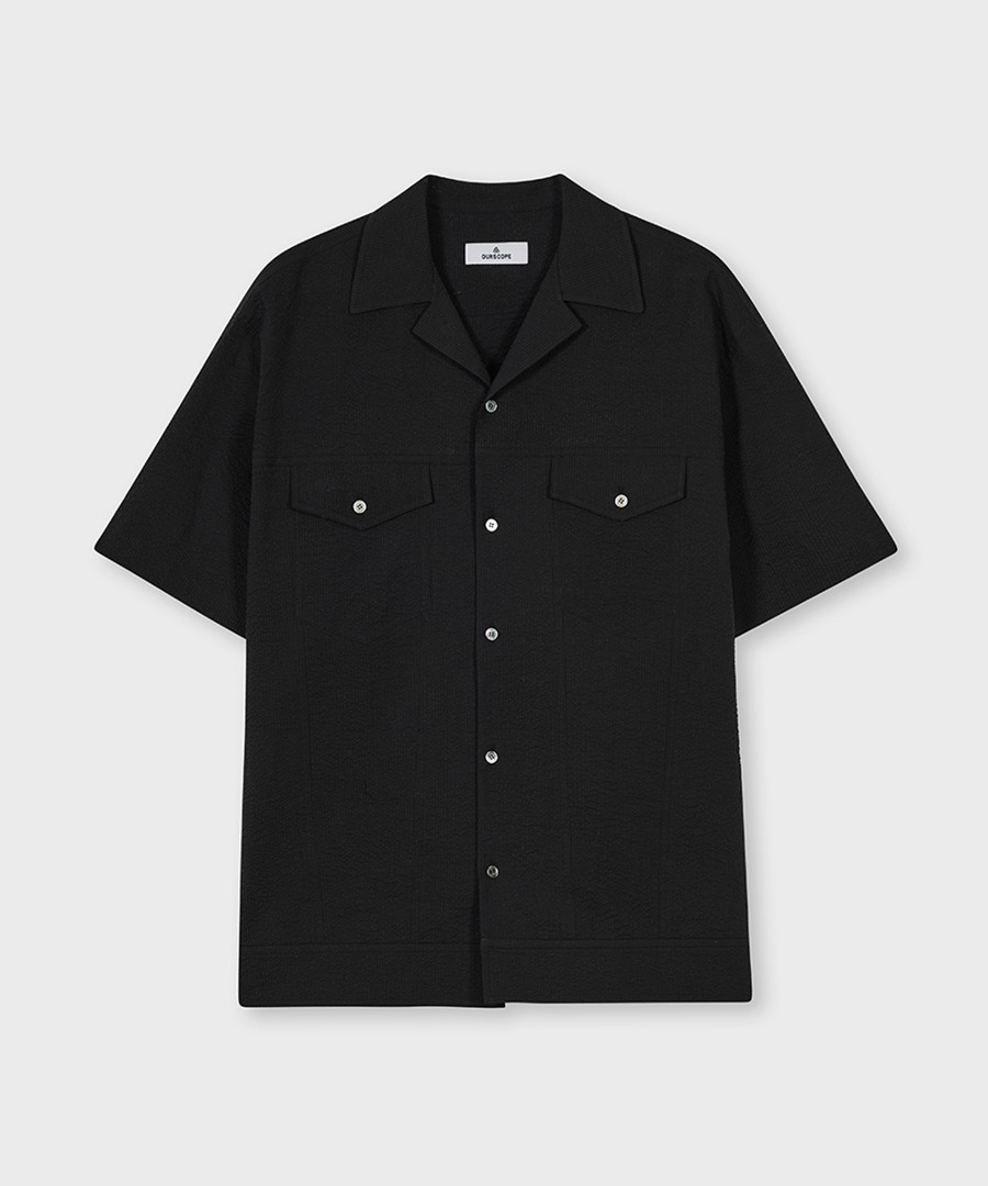 OURSCOPE아워스코프 Cuban Trucker Half Shirts (Seersucker Black)