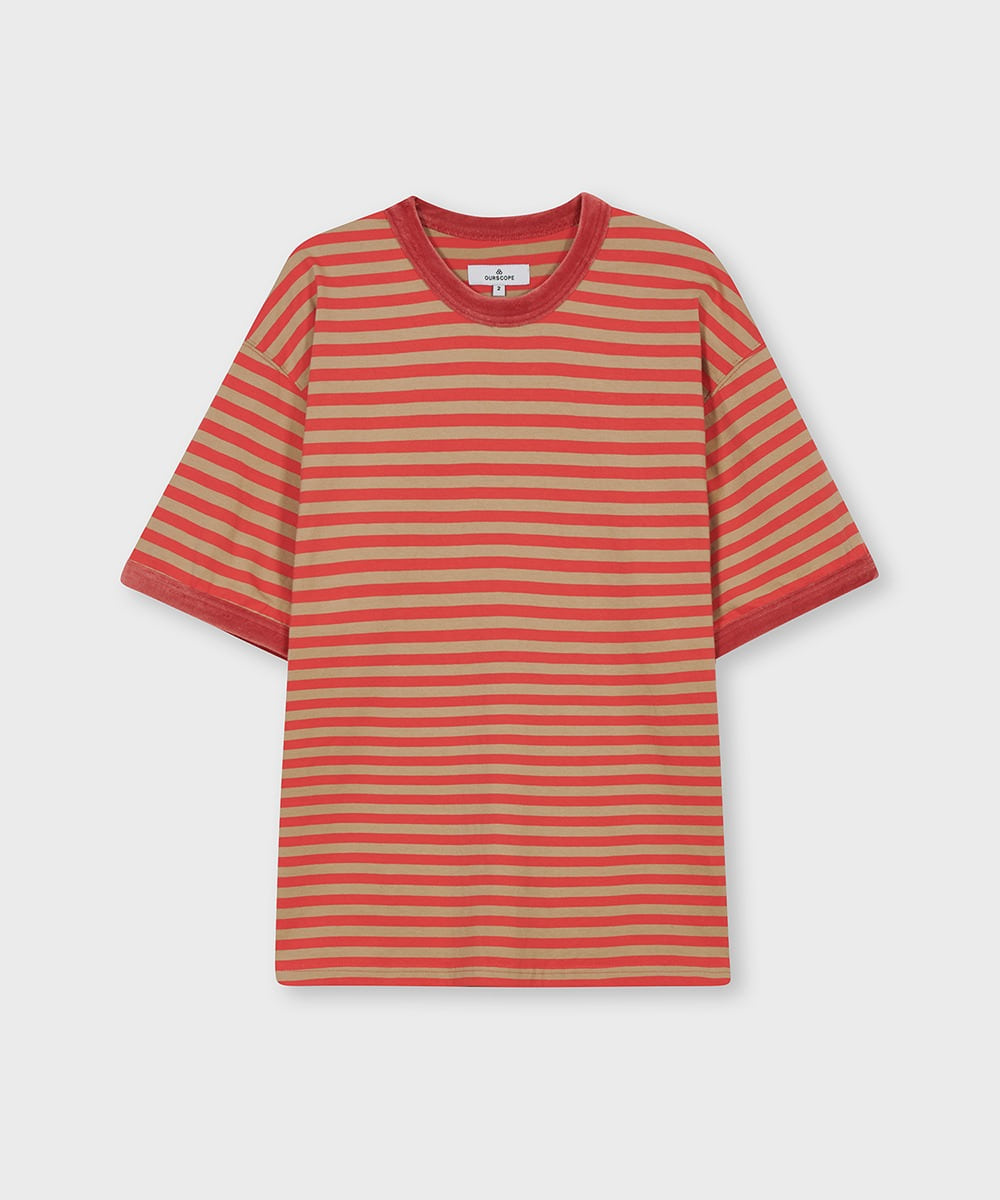 OURSCOPE아워스코프 Velour Rib Stripe T-Shirts (Stripe Red)