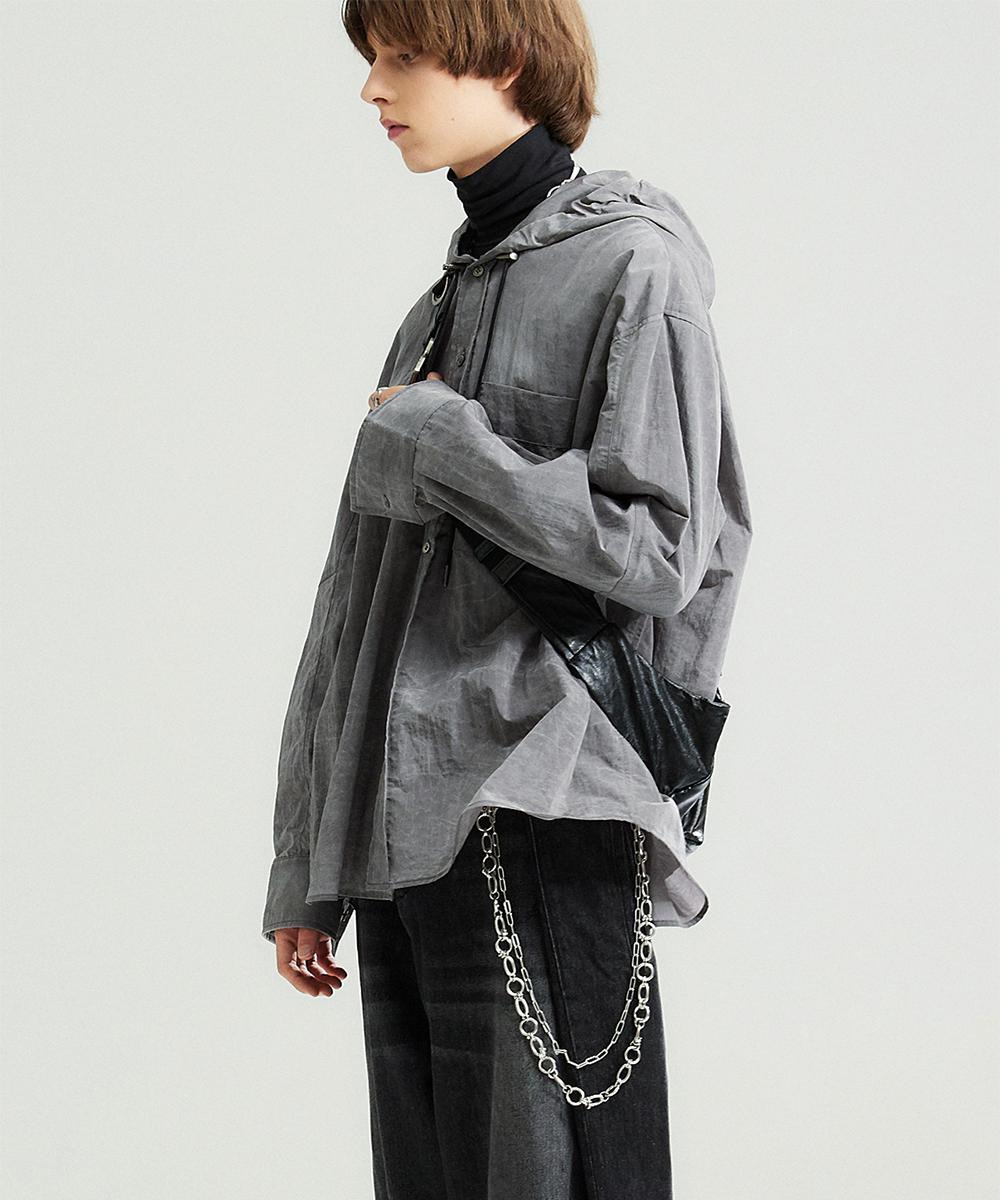 Haleine알렌느 GREY Waxcoated backside 2pleats detail hooded shirts(ST208)